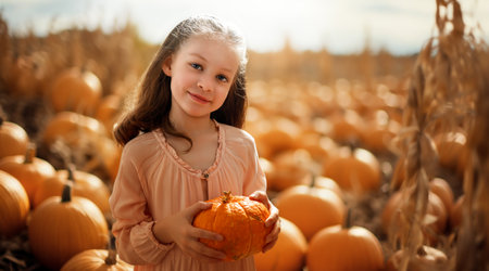 Happy child girl with orange pumpkins in the field outdoor.の写真素材