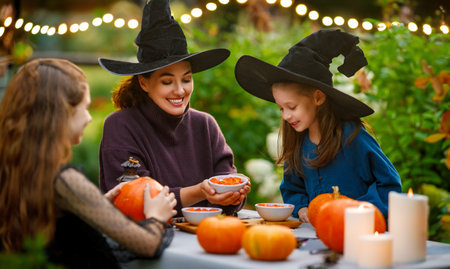 Happy family preparing for Halloween. Mother and children carving pumpkins in the backyard of the house.の写真素材