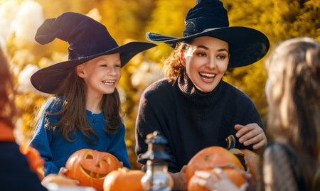 Happy family preparing for Halloween. Mother and children carving pumpkins in the backyard of the house.の写真素材