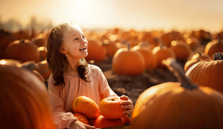 Happy child girl with orange pumpkins in the field outdoor.の写真素材
