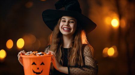 Cute teenage witch with a carved pumpkin. Beautiful young girl in carnival costume. Halloween Party concept.の写真素材