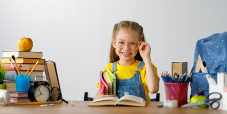 Back to school! Happy cute industrious child is sitting at a desk indoors. Kid is learning in class or lesson.の写真素材