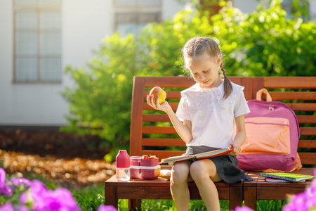 Pupil with lunch-box. Girl with backpacks is eating fruit near building outdoors. Beginning of lessons. First days of fall.の写真素材