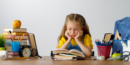 Back to school. Thinking child is sitting at desk. Girl doing homework.の写真素材
