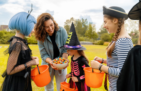 Happy people celebrating Halloween. Adult is treating with sweets children outdoors.の写真素材