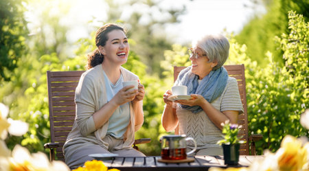 Happy young woman and her mother drinking tea in summer morning. Family sitting in the garden with cups and enjoying the conversation.の写真素材