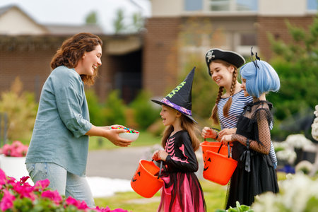 Happy people celebrating Halloween. Adult is treating with sweets children outdoors.の写真素材