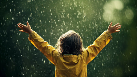 Smiling kid wearing a yellow raincoat in the park. Cheerful child enjoying the rain outdoors. Generative AIの素材