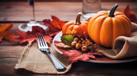 Mini thanksgiving pumpkins and leaves on rustic wooden table. Generative AIの素材