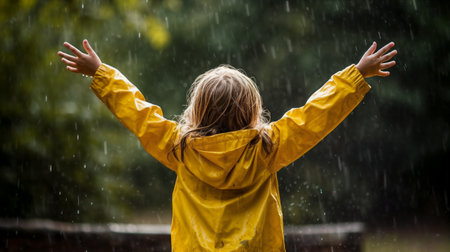Smiling kid wearing a yellow raincoat in the park. Cheerful child enjoying the rain outdoors. Generative AIの素材