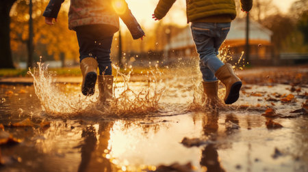 Feet of children in rubber boots jumping over a puddle in the rain. Generative AIの素材