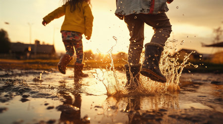 Feet of children in rubber boots jumping over a puddle in the rain. Generative AIの素材