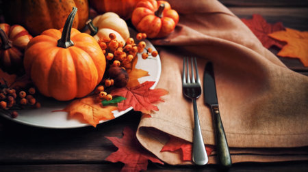 Mini thanksgiving pumpkins and leaves on rustic wooden table. Generative AIの素材