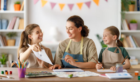 Happy kids and teacher at the art class. Woman and children are painting together.の写真素材