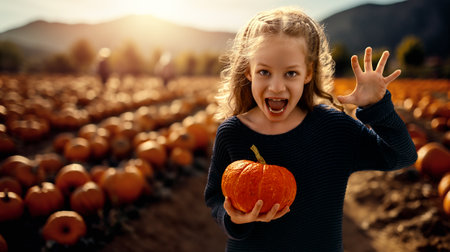 Happy child girl with orange pumpkins in the field outdoor. Happy family preparing for Halloween.の写真素材