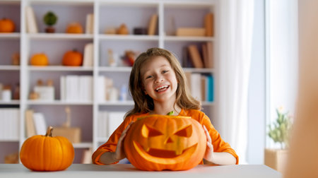 Cute little child girl with carving pumpkin. Happy family preparing for Halloween.の写真素材