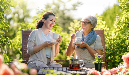 Happy young woman and her mother drinking tea in summer morning. Family sitting in the garden with cups and enjoying the conversation.の写真素材