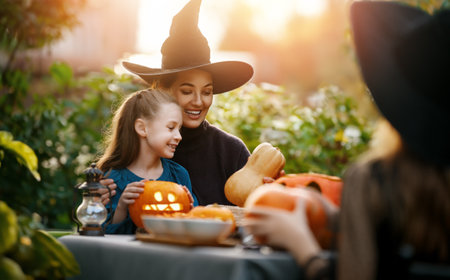 Happy family preparing for Halloween. Mother and children carving pumpkins in the backyard of the house.の写真素材