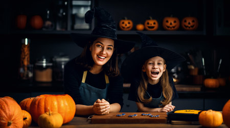 Mother and her daughter having fun at home. Happy Family preparing for Halloween. Mum and child cooking festive fare in the kitchen.の写真素材