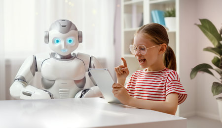 A cute girl is playing with a robot. The concept of future training.の写真素材