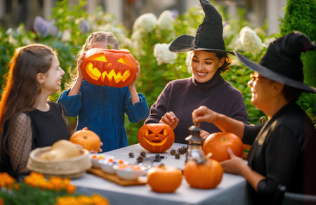 Happy family preparing for Halloween. Mother, grandmother and children carving pumpkins in the backyard of the house.の写真素材