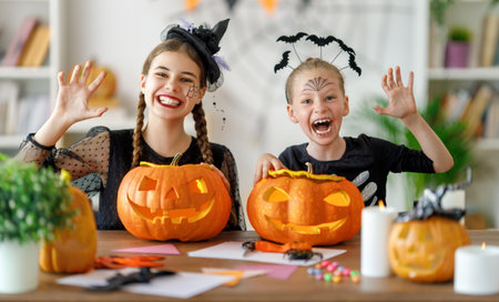 Happy family preparing for Halloween. Cute children in carnival costumes carving pumpkins at home.の写真素材