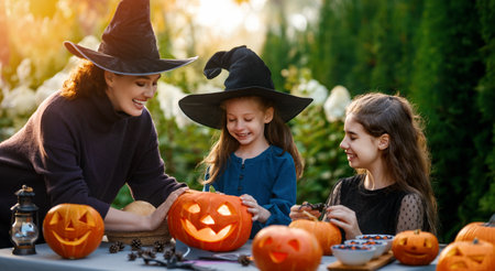 Happy family preparing for Halloween. Mother and children carving pumpkins in the backyard of the house.の写真素材