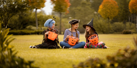 Happy kids at Halloween party. Children are wearing carnival costumes.の写真素材