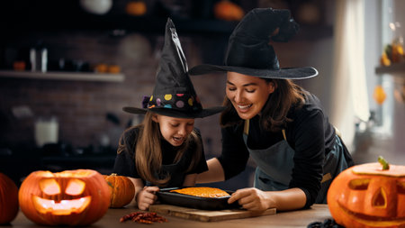Mother and her daughter having fun at home. Happy Family preparing for Halloween. Mum and child cooking festive fare in the kitchen.の写真素材