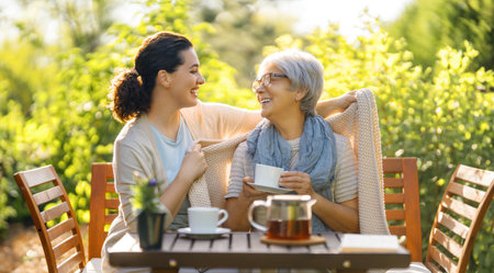 Happy young woman and her mother drinking tea in summer morning. Family sitting in the garden with cups and enjoying the conversation.の写真素材
