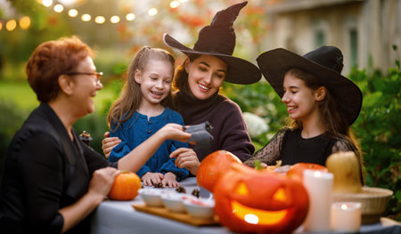 Happy family preparing for Halloween. Mother, grandmother and children carving pumpkins in the backyard of the house.の写真素材