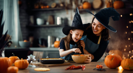 Mother and her daughter having fun at home. Happy Family preparing for Halloween. Mum and child cooking festive fare in the kitchen.の写真素材