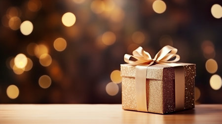 Merry Christmas and Happy Holidays. Golden gift and garland lights on dark background. Generative AIの素材
