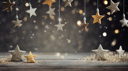 Merry Christmas and Happy Holidays. Golden star garland and lights on dark background. Generative AIの素材