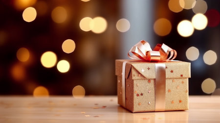Merry Christmas and Happy Holidays. Golden gift and garland lights on dark background. Generative AIの素材