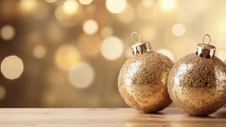 Merry Christmas and Happy Holidays! Golden Christmas baubles and garland lights. Generative AIの素材