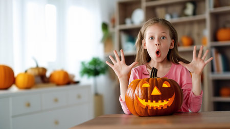 Cute little child girl with carving pumpkin. Happy family preparing for Halloween.の写真素材