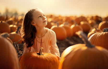 Happy child girl with orange pumpkins in the field outdoor.の写真素材