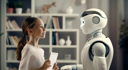A cute girl is playing with a robot. The concept of future training.の写真素材
