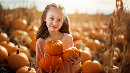 Happy child girl with orange pumpkins in the field outdoor.の写真素材