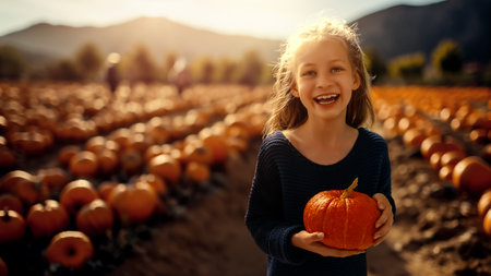 Happy child girl with orange pumpkins in the field outdoor. Happy family preparing for Halloween.の写真素材