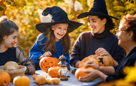 Happy family preparing for Halloween. Mother, grandmother and children carving pumpkins in the backyard of the house.の写真素材