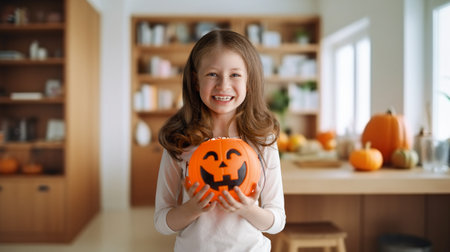 Cute little child girl with pumpkin basket. Happy family preparing for Halloween.の写真素材