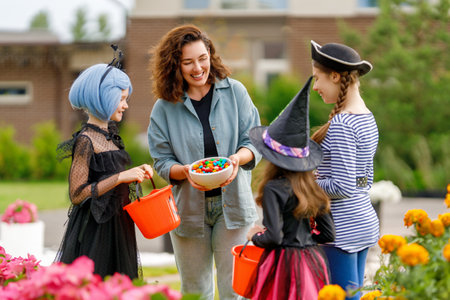 Happy people celebrating Halloween. Adult is treating with sweets children outdoors.の写真素材