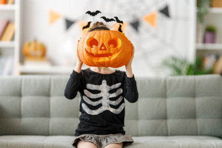 Cute little child with carved pumpkin. Happy girl preparing for Halloween. Funny kid at home.の写真素材