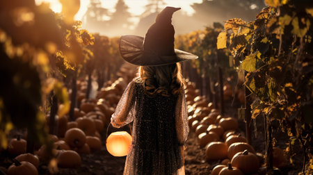 Child girl with orange pumpkin basket in the field outdoor. Happy family preparing for Halloween.の写真素材