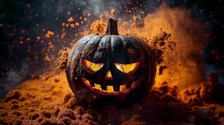 Pumpkin in a splash of orange sand. Halloween concept. Generative AIの素材