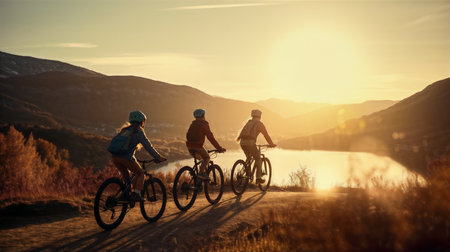 Cycling family training in the park. Generative AI.の素材