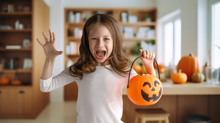 Cute little child girl with pumpkin basket. Happy family preparing for Halloween.の写真素材