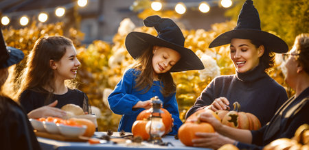 Happy family preparing for Halloween. Mother, grandmother and children carving pumpkins in the backyard of the house.の写真素材
